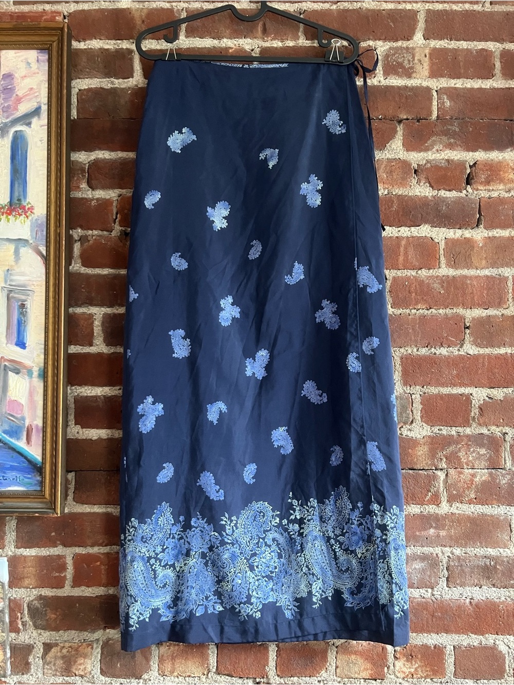 Silk Maxi Wrap Skirt Navy and Light Blue Paisley Floral Vintage Express 90s Sz 6